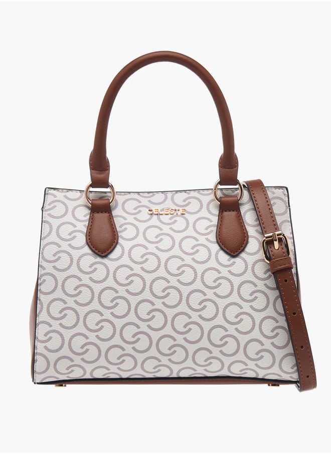 Women Monogram Print Tote Bag with Double Handles and Detachable Strap