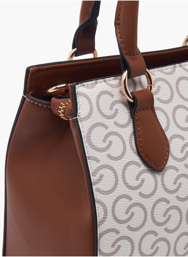 Women Monogram Print Tote Bag with Double Handles and Detachable Strap