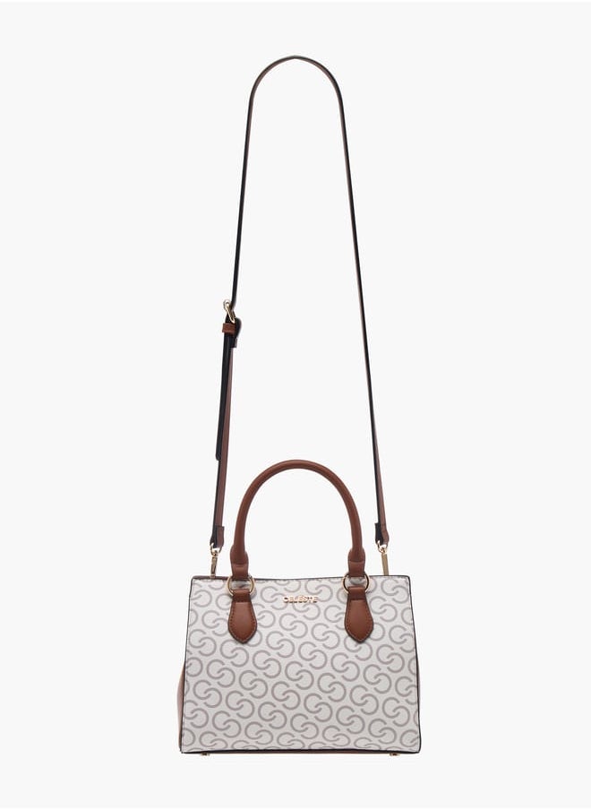 Women Monogram Print Tote Bag with Double Handles and Detachable Strap