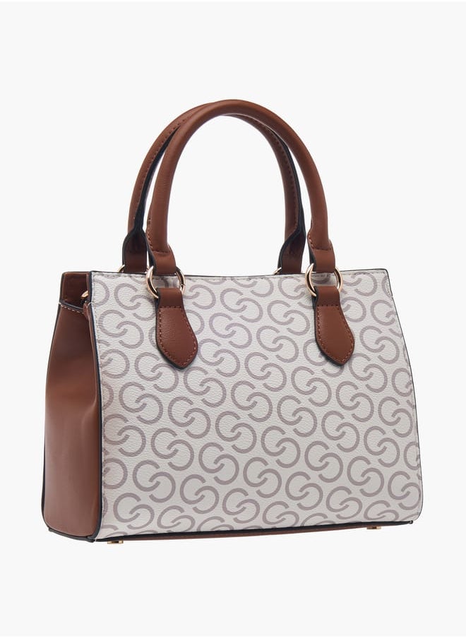 Women Monogram Print Tote Bag with Double Handles and Detachable Strap