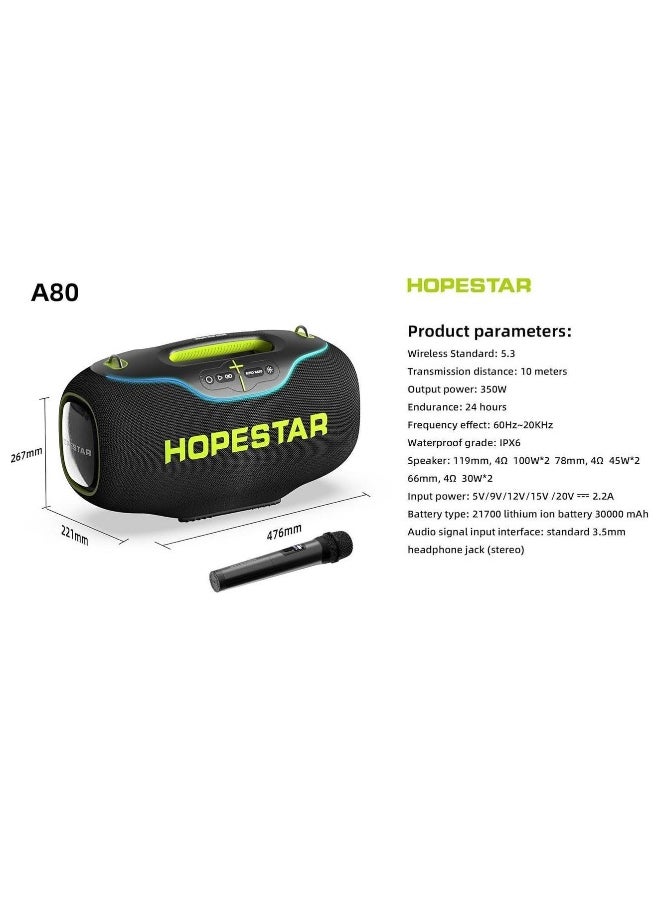 A80 350W Portable Bluetooth 5.3 Speaker with Wireless Mic, 24H Playtime, 30,000mAh Battery, RGB Lights, TWS, IPX6 Waterproof, EQ Control, 10M Range – Ultimate Party Speaker for Outdoor Events, Karaoke, and Gatherings