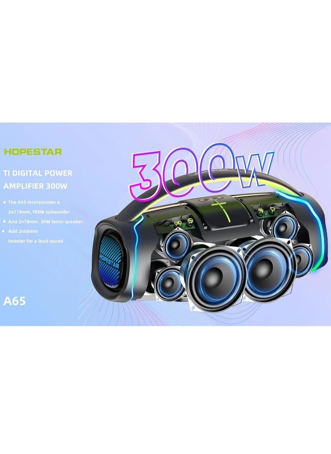 A65 300W Portable Bluetooth Speaker – Big Bass, Karaoke Mic, IPX6 Waterproof, 30000mAh Battery, TWS Stereo, LED Lights & Handle – Perfect for Parties, Camping, and Outdoor Adventures