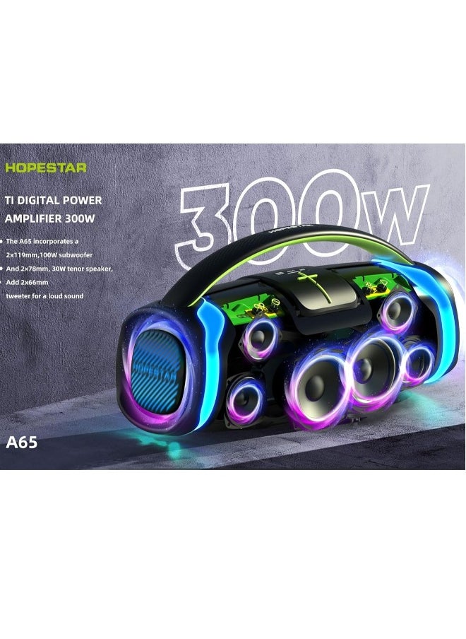 A65 300W Portable Bluetooth Speaker – Big Bass, Karaoke Mic, IPX6 Waterproof, 30000mAh Battery, TWS Stereo, LED Lights & Handle – Perfect for Parties, Camping, and Outdoor Adventures