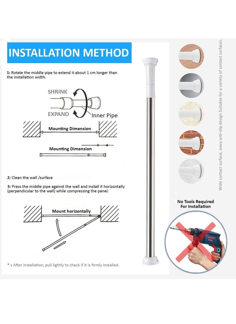 Shower Curtain Rod Adjustable 60-100cm Extendable Length Telescopic Tension Bar Stainless Steel No Drill Type for Bathroom Shower Bathtub Cabinets Balcony (60cm to 100cm)