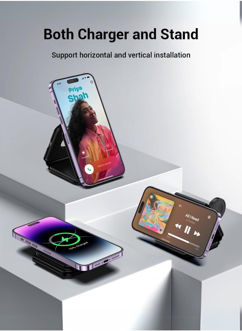 3-in-1 Foldable Wireless Charger – 15W Fast Magnetic Charging Station for iPhone 16/15/14/13/12/11, Apple Watch 8-2 SE, AirPods 3/2/Pro u0026 Samsung Phones | Portable Travel Charging Pad (Black)
