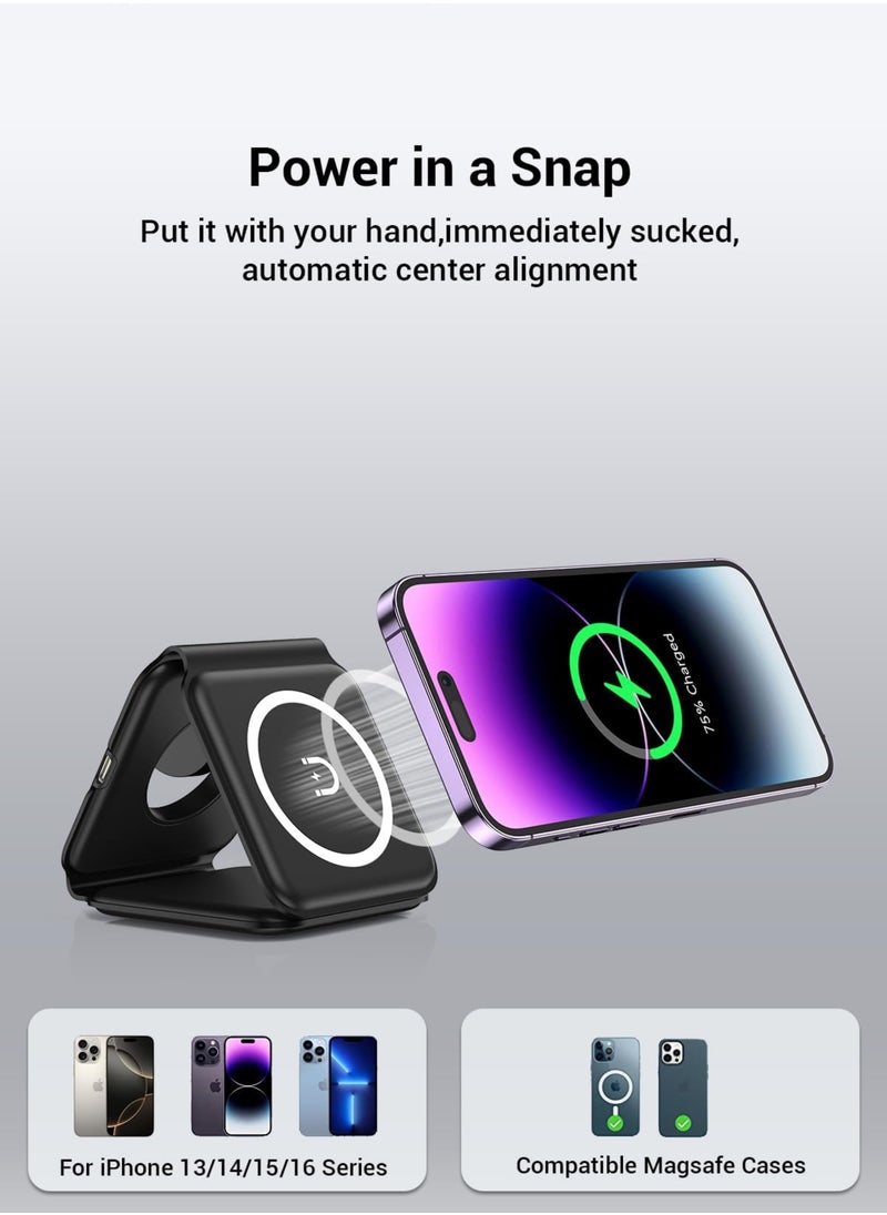 3-in-1 Foldable Wireless Charger – 15W Fast Magnetic Charging Station for iPhone 16/15/14/13/12/11, Apple Watch 8-2 SE, AirPods 3/2/Pro u0026 Samsung Phones | Portable Travel Charging Pad (Black)