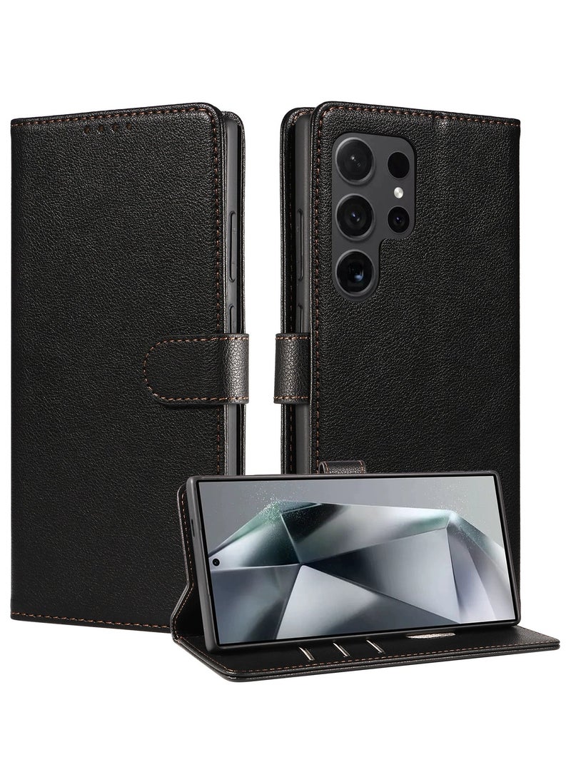 Samsung Galaxy S25 Ultra Case Genuine Leather Wallet Case Magnetic Buckle Cases Card Holder Shockproof Flip Cover - Black