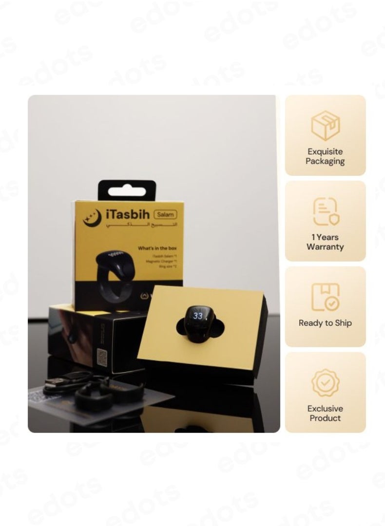 iTasbih (Salam) Smart Ring | OLED Display | Zikr Counter | Prayer Reminders | 2 Adjustable Sizes | Magnet Charging | Waterproof | Bluetooth Enabled
