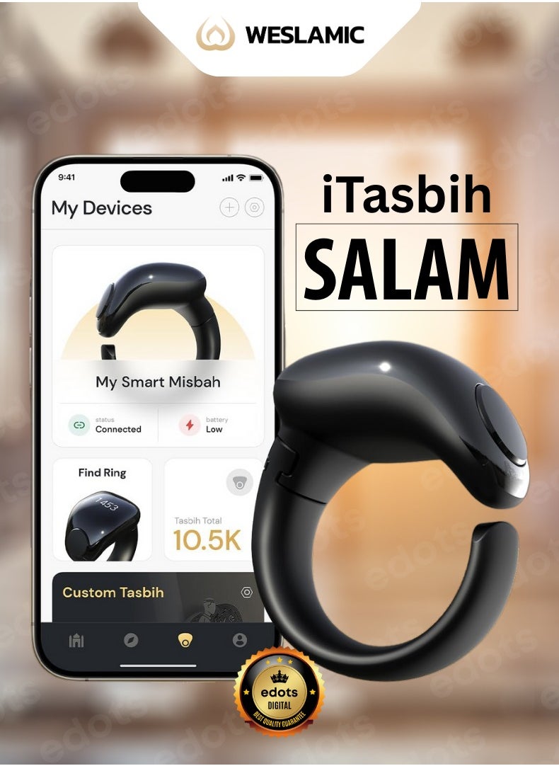 iTasbih (Salam) Smart Ring | OLED Display | Zikr Counter | Prayer Reminders | 2 Adjustable Sizes | Magnet Charging | Waterproof | Bluetooth Enabled