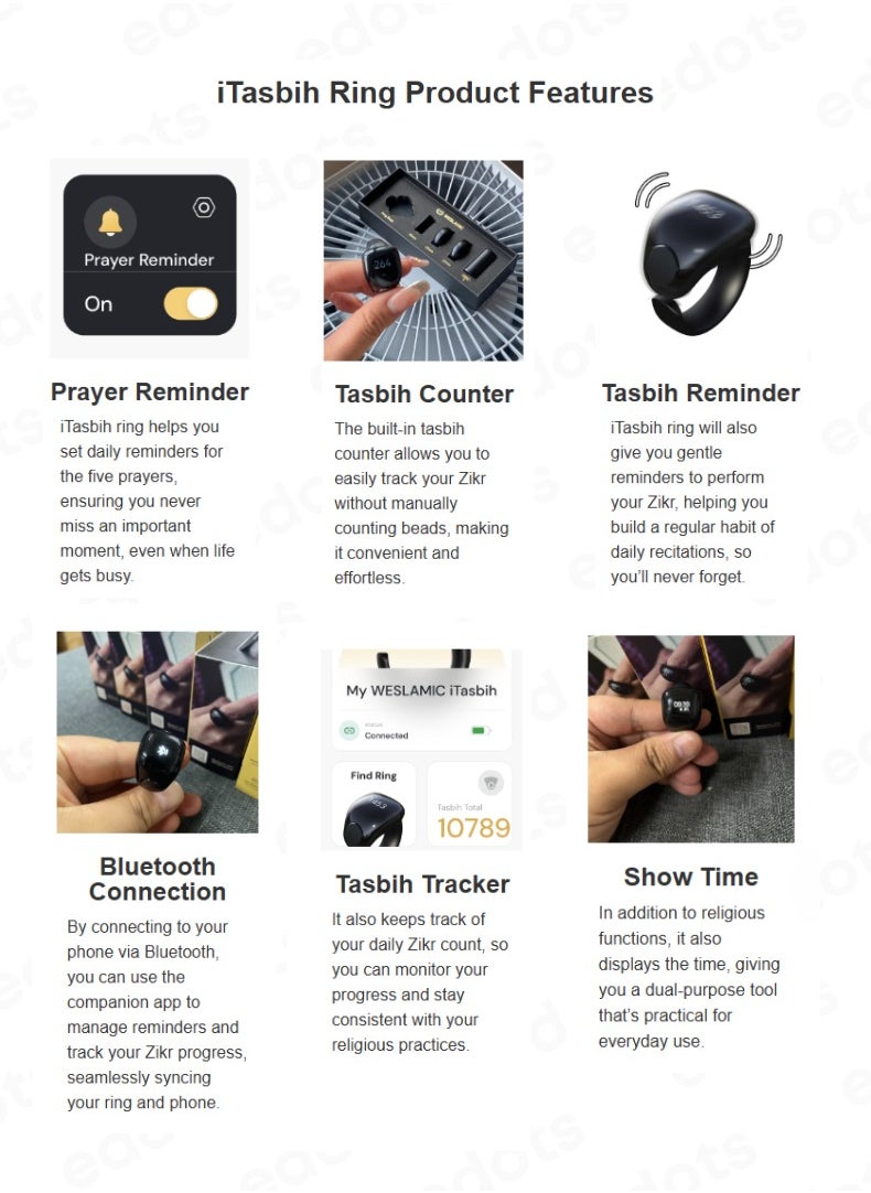 iTasbih (Salam) Smart Ring | OLED Display | Zikr Counter | Prayer Reminders | 2 Adjustable Sizes | Magnet Charging | Waterproof | Bluetooth Enabled