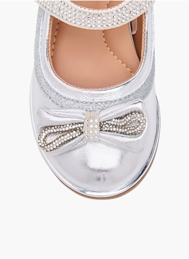 Girls Bow Embellished Mary Jane Shoes with Hook and Loop Closure