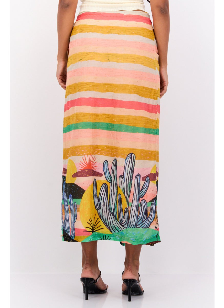 Women Graphic Printed Basic Midi Skirt, Pink Combo
