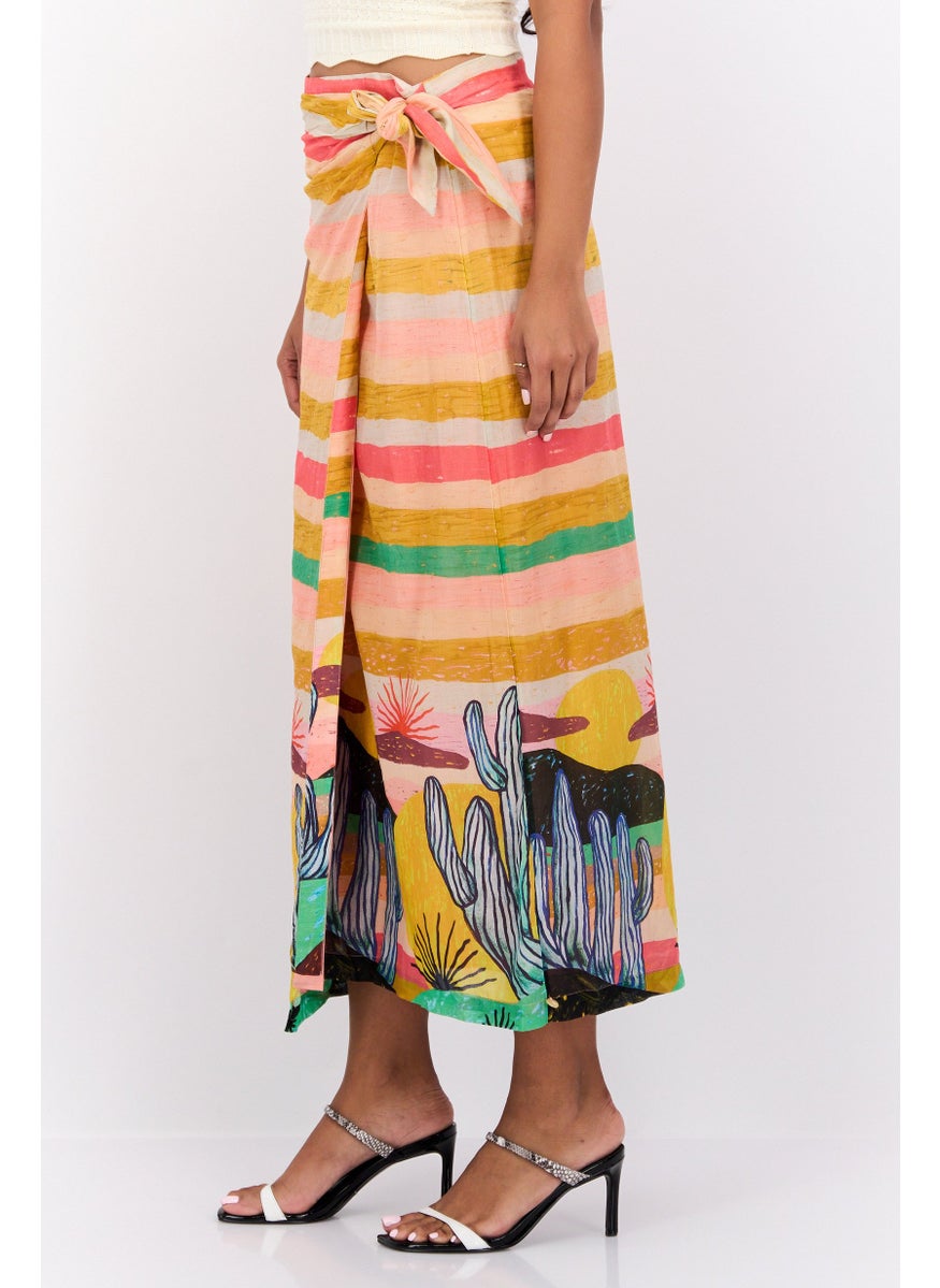 Women Graphic Printed Basic Midi Skirt, Pink Combo