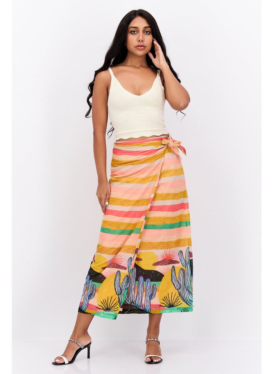 Women Graphic Printed Basic Midi Skirt, Pink Combo