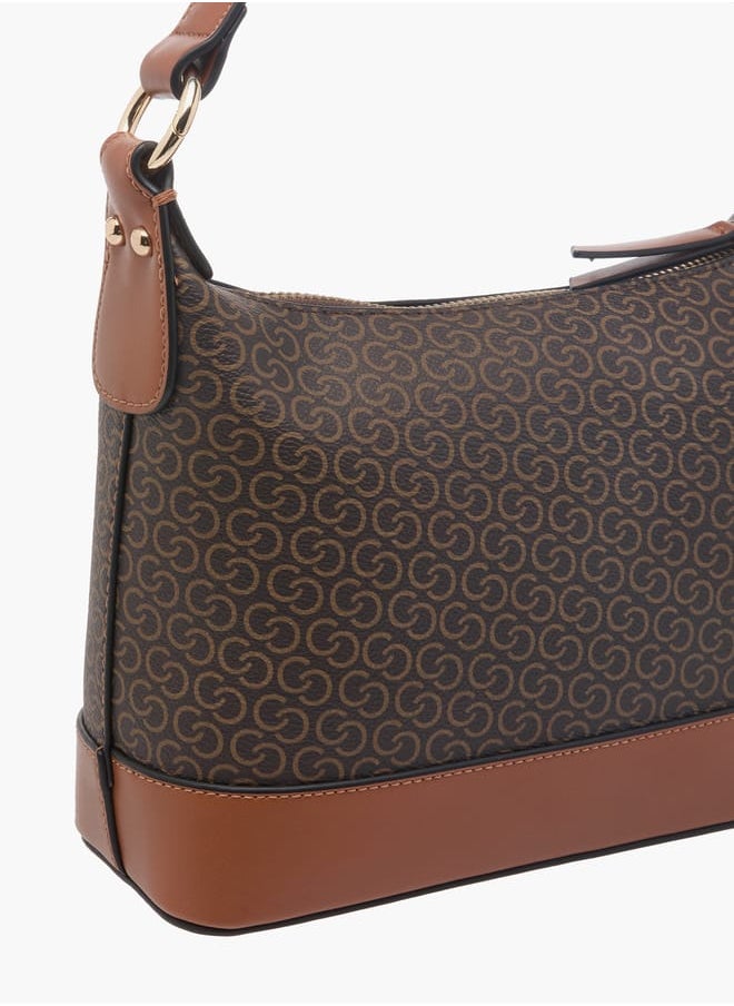 Women's Monogram Print Shoulder Bag with Adjustable Strap and Zip Closure