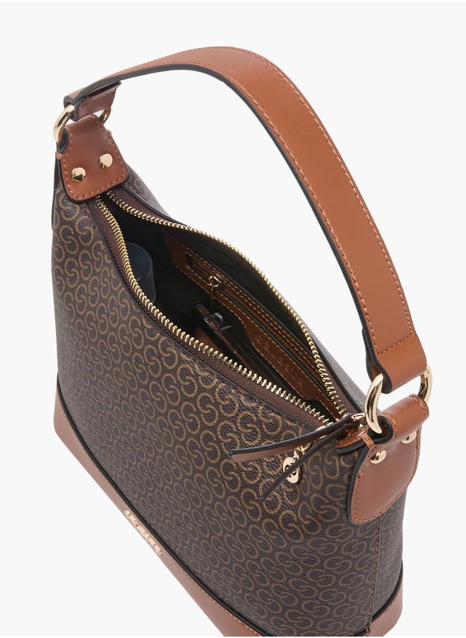 Women's Monogram Print Shoulder Bag with Adjustable Strap and Zip Closure