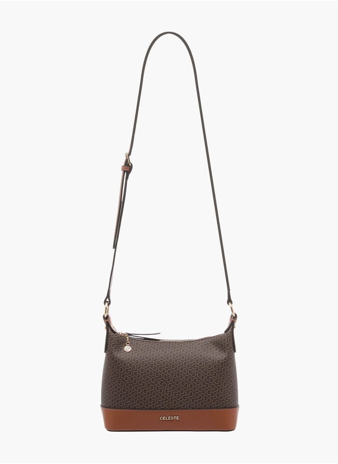 Women's Monogram Print Shoulder Bag with Adjustable Strap and Zip Closure