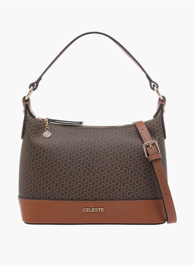 Women's Monogram Print Shoulder Bag with Adjustable Strap and Zip Closure