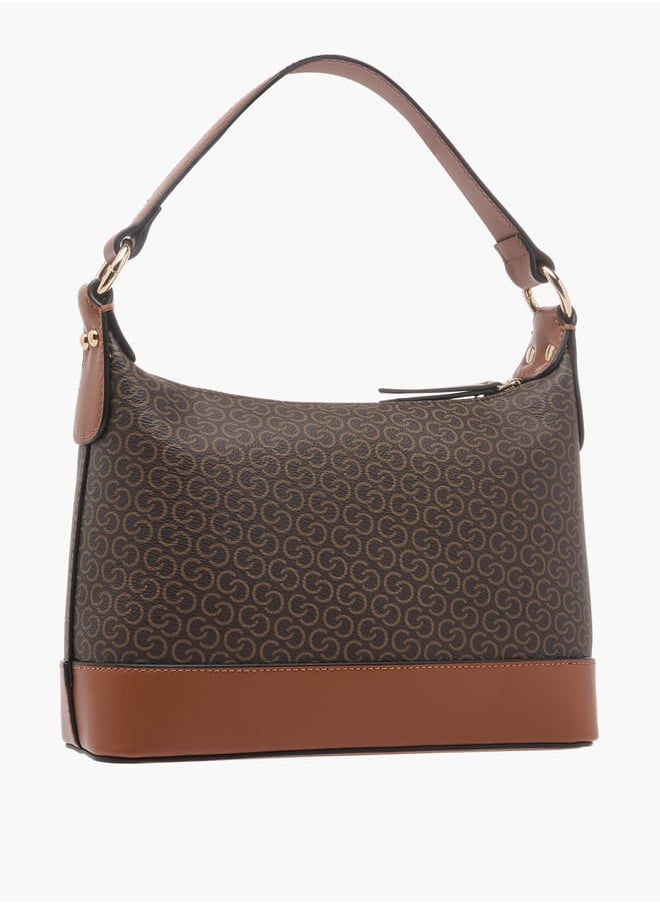 Women's Monogram Print Shoulder Bag with Adjustable Strap and Zip Closure