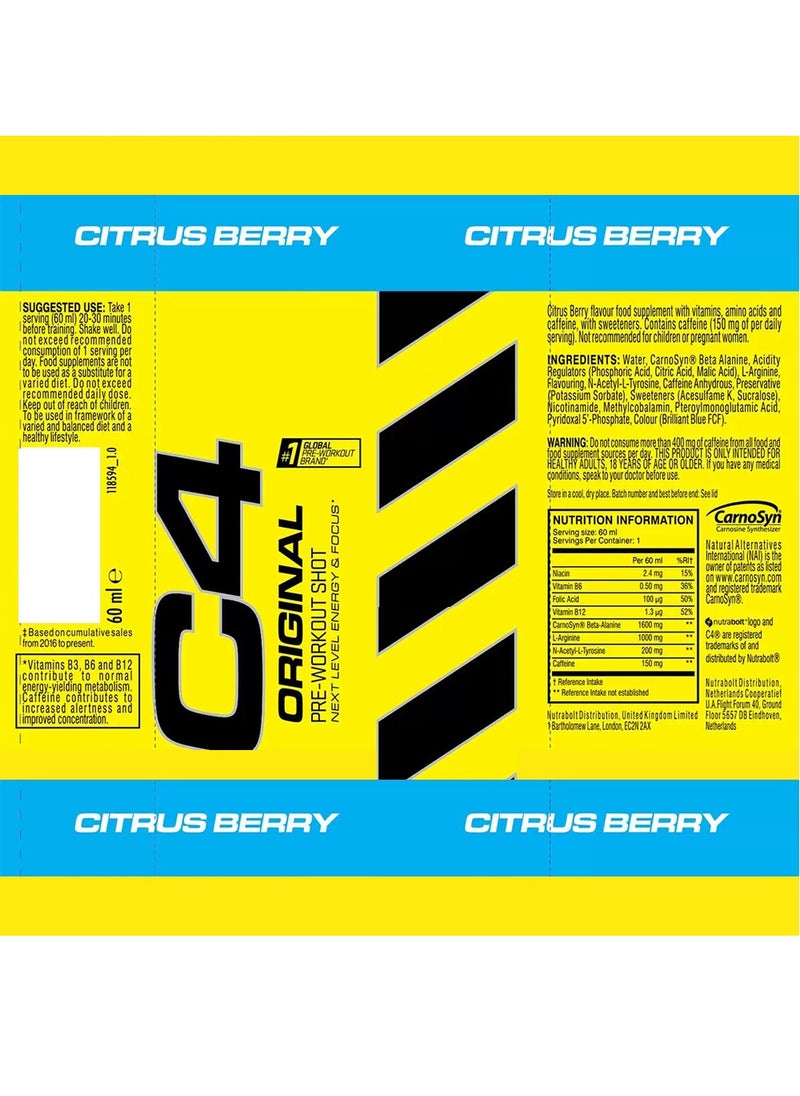 C4 Original Pre-Workout Shot 60ml Citrus Berry Pack of 12