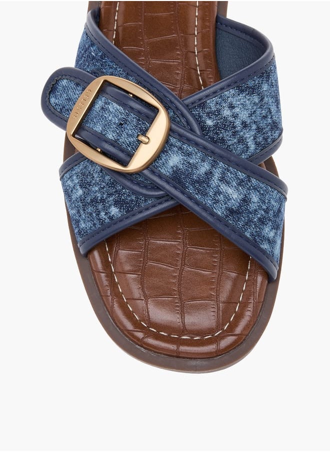 Women's Textured Slip-On Cross Strap Flat Sandals with Buckle Accent