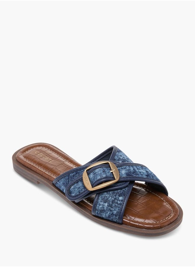 Women's Textured Slip-On Cross Strap Flat Sandals with Buckle Accent
