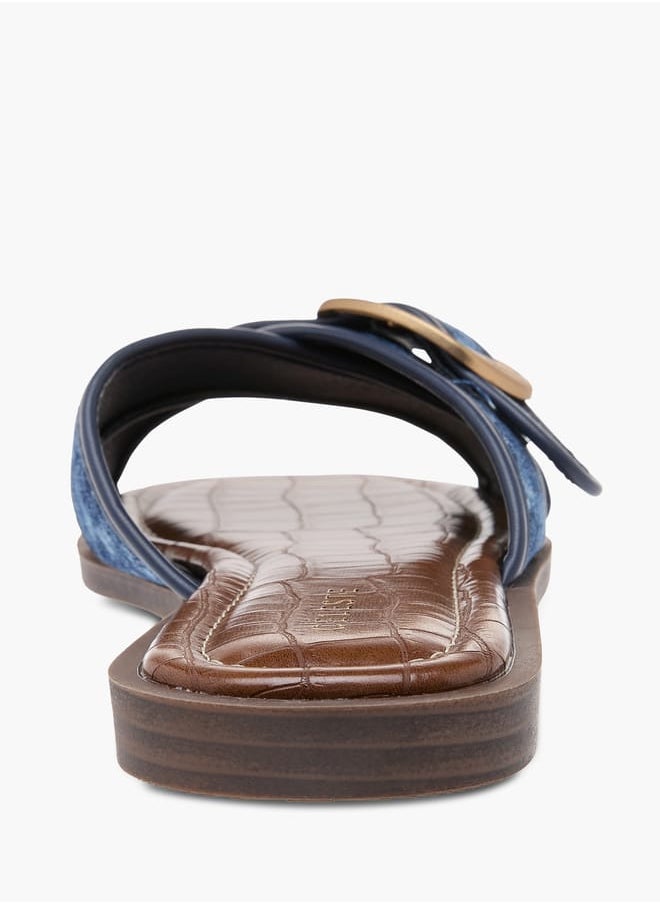 Women's Textured Slip-On Cross Strap Flat Sandals with Buckle Accent