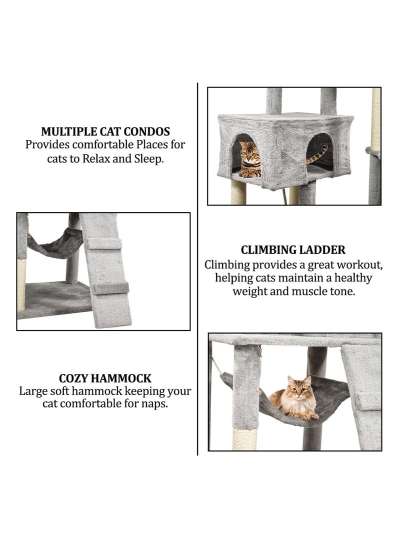 Indoor cat tree tower, Cat playground with Scratching posts, Cat Condo, and Climbing ladder, 180 cm tall cat tower, Cat tree activity center with Cozy hammocks, Easy to assemble, (Grey)