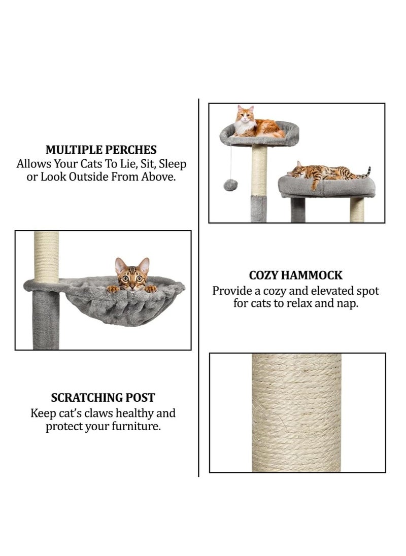 Indoor cat tree tower, Cat playground with Scratching posts, Cat Condo, and Climbing ladder, 180 cm tall cat tower, Cat tree activity center with Cozy hammocks, Easy to assemble, (Grey)