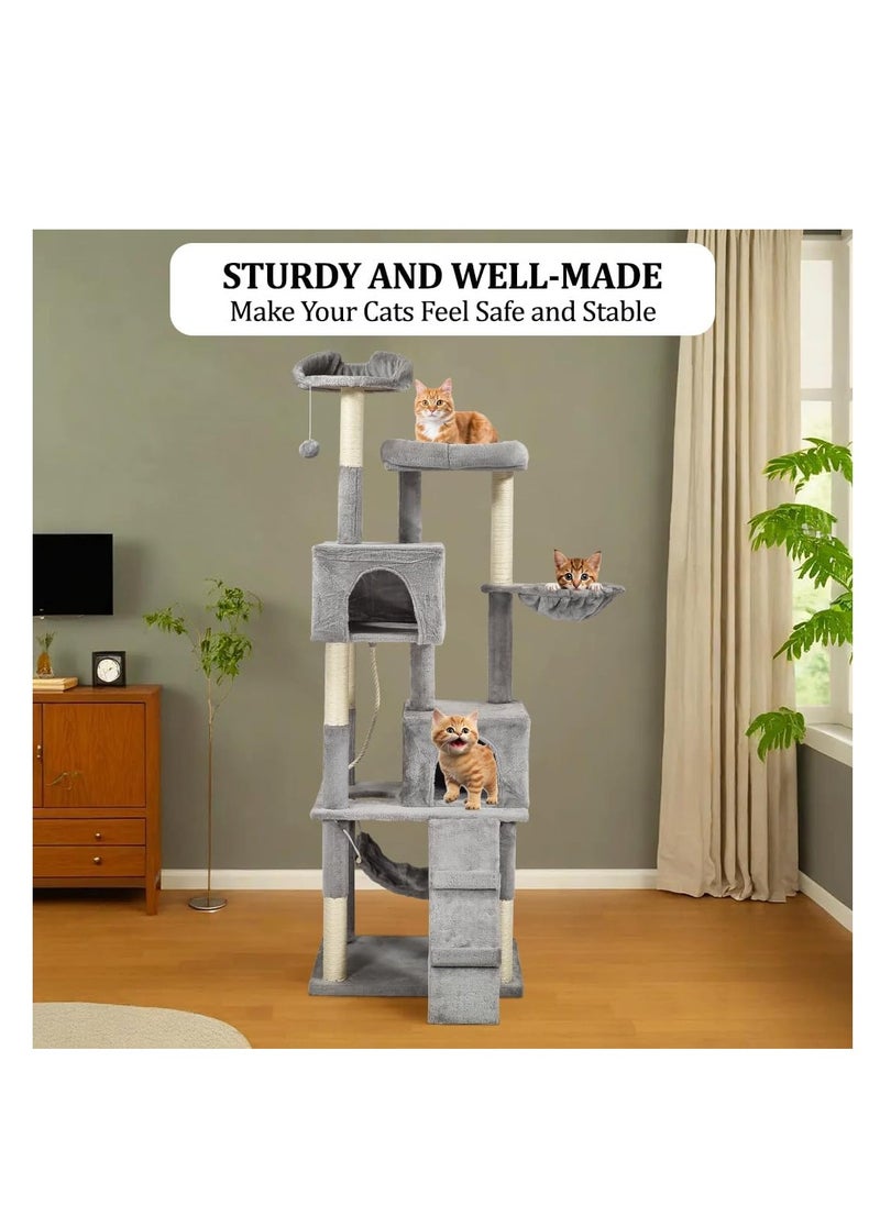 Indoor cat tree tower, Cat playground with Scratching posts, Cat Condo, and Climbing ladder, 180 cm tall cat tower, Cat tree activity center with Cozy hammocks, Easy to assemble, (Grey)