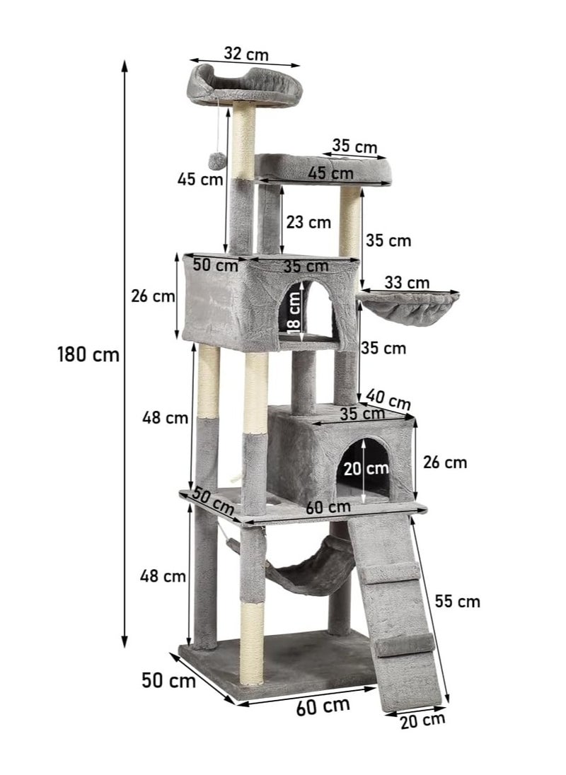 Indoor cat tree tower, Cat playground with Scratching posts, Cat Condo, and Climbing ladder, 180 cm tall cat tower, Cat tree activity center with Cozy hammocks, Easy to assemble, (Grey)