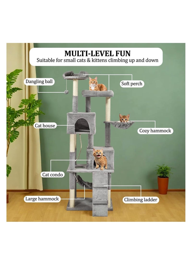 Indoor cat tree tower, Cat playground with Scratching posts, Cat Condo, and Climbing ladder, 180 cm tall cat tower, Cat tree activity center with Cozy hammocks, Easy to assemble, (Grey)