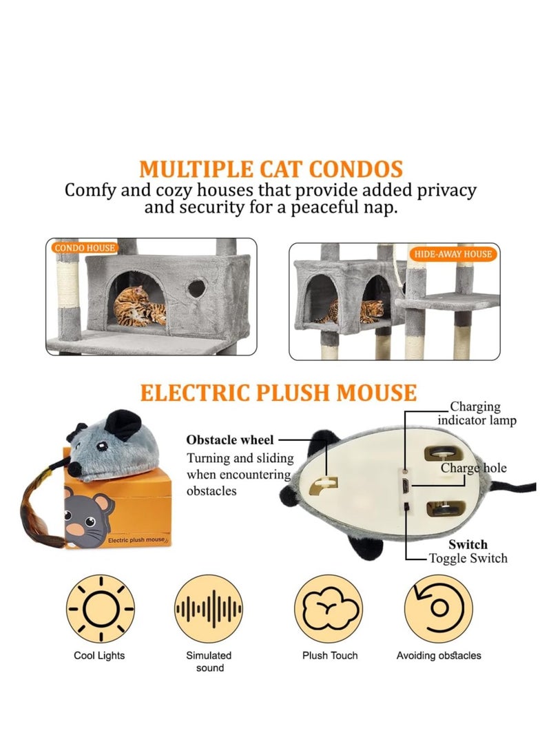 Large cat tree tower with Electric mouse toy, Spacious cat condos, and Sisal scratching post, 160 cm Multi-level cat tower with Dangling balls, Multiple perches and Ideal for Indoor cats, (Grey)