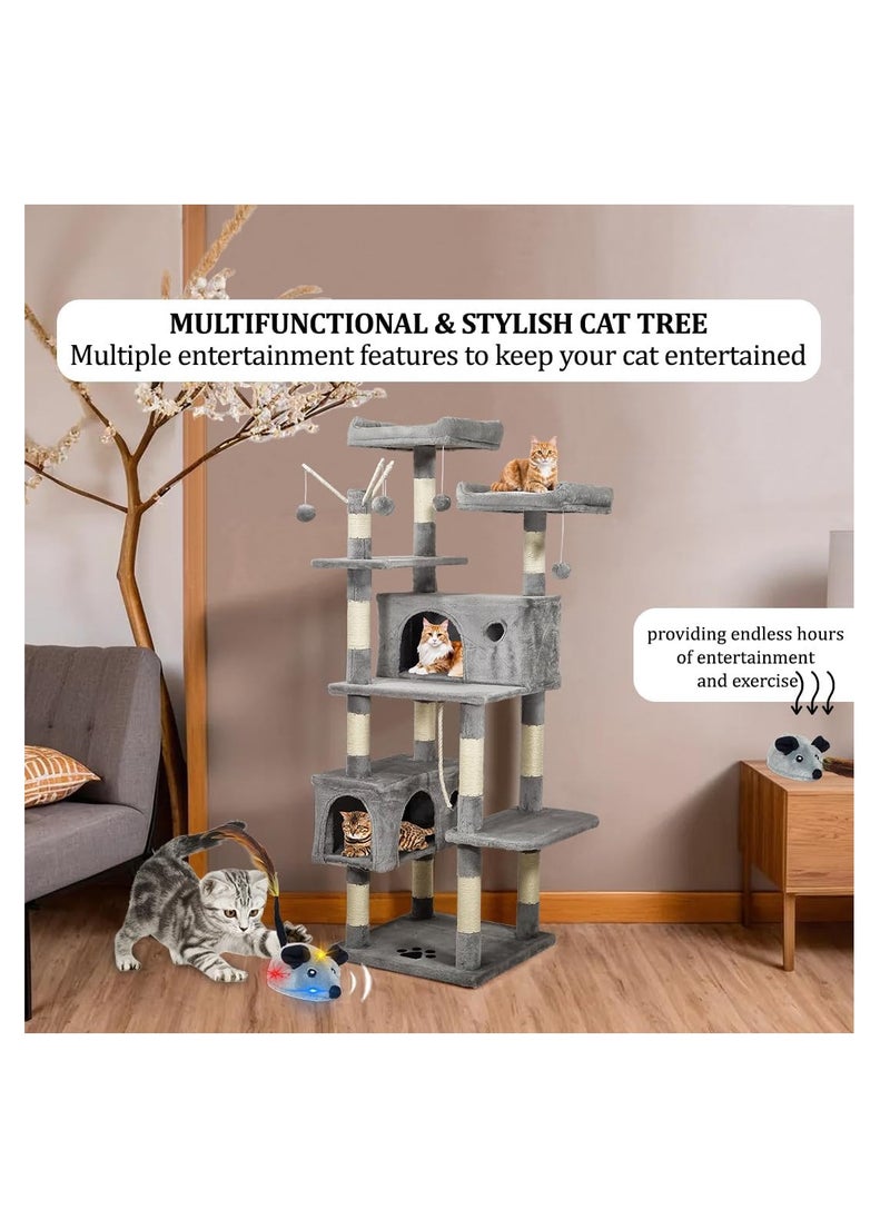 Large cat tree tower with Electric mouse toy, Spacious cat condos, and Sisal scratching post, 160 cm Multi-level cat tower with Dangling balls, Multiple perches and Ideal for Indoor cats, (Grey)