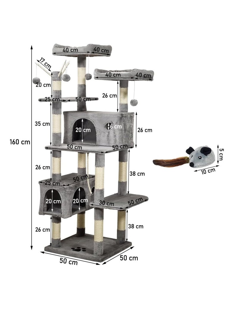 Large cat tree tower with Electric mouse toy, Spacious cat condos, and Sisal scratching post, 160 cm Multi-level cat tower with Dangling balls, Multiple perches and Ideal for Indoor cats, (Grey)