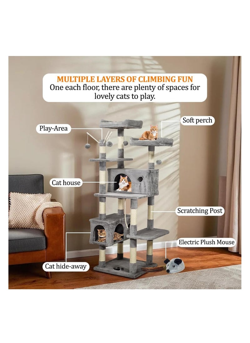 Large cat tree tower with Electric mouse toy, Spacious cat condos, and Sisal scratching post, 160 cm Multi-level cat tower with Dangling balls, Multiple perches and Ideal for Indoor cats, (Grey)