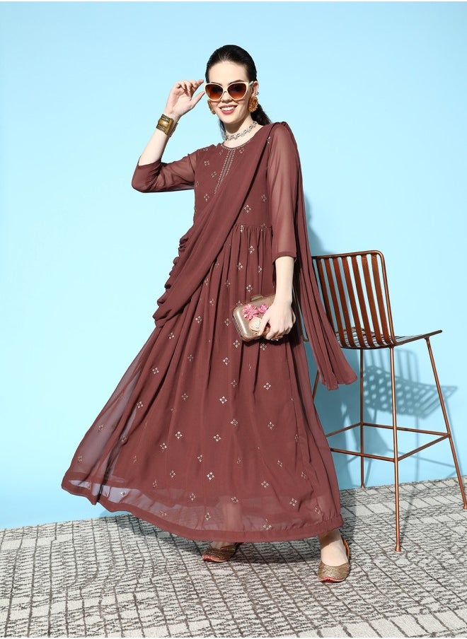 A-Line Fit Self Design Pattern Round Neck Three-Fourth Sleeve Brown Colour Woven Georgette Dresses
