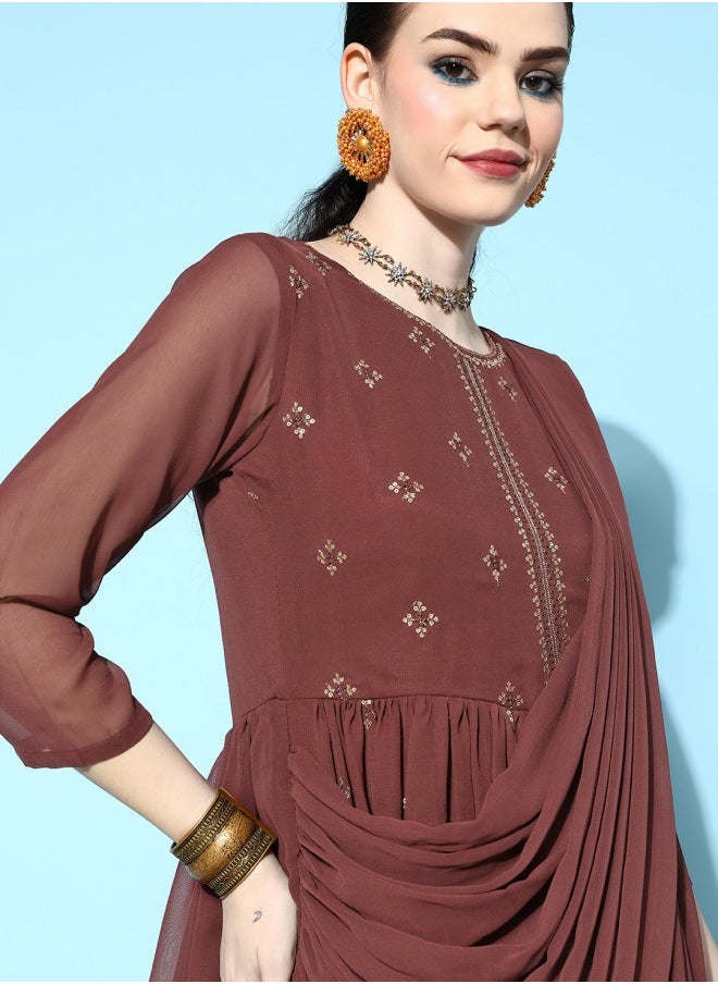 A-Line Fit Self Design Pattern Round Neck Three-Fourth Sleeve Brown Colour Woven Georgette Dresses