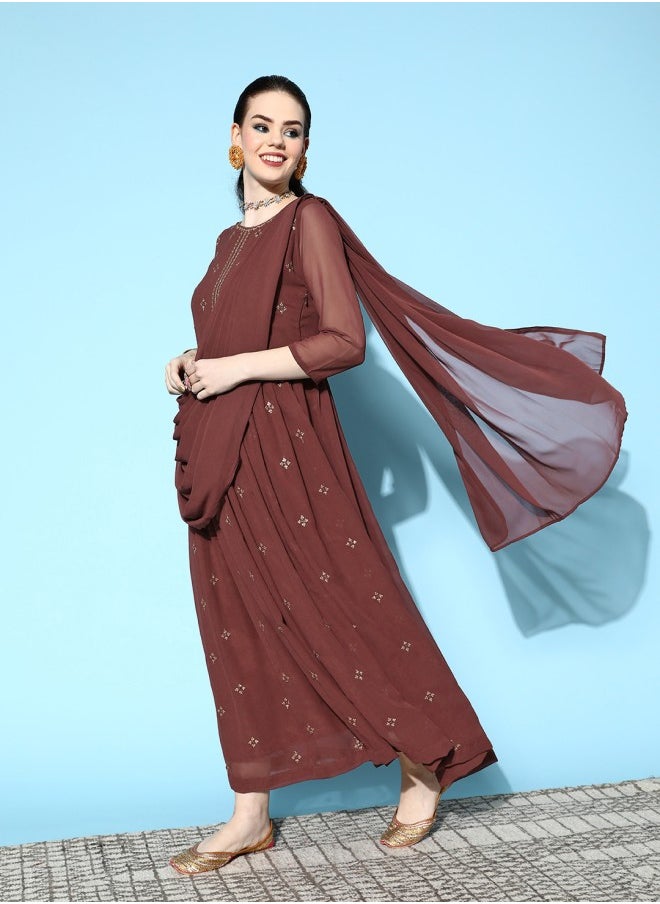 A-Line Fit Self Design Pattern Round Neck Three-Fourth Sleeve Brown Colour Woven Georgette Dresses