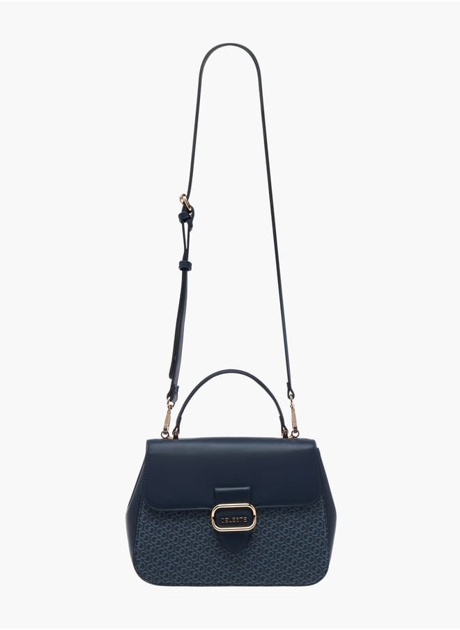 Women Monogram Print Satchel Bag with Grab Handle and Button Closure