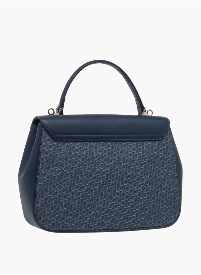 Women Monogram Print Satchel Bag with Grab Handle and Button Closure