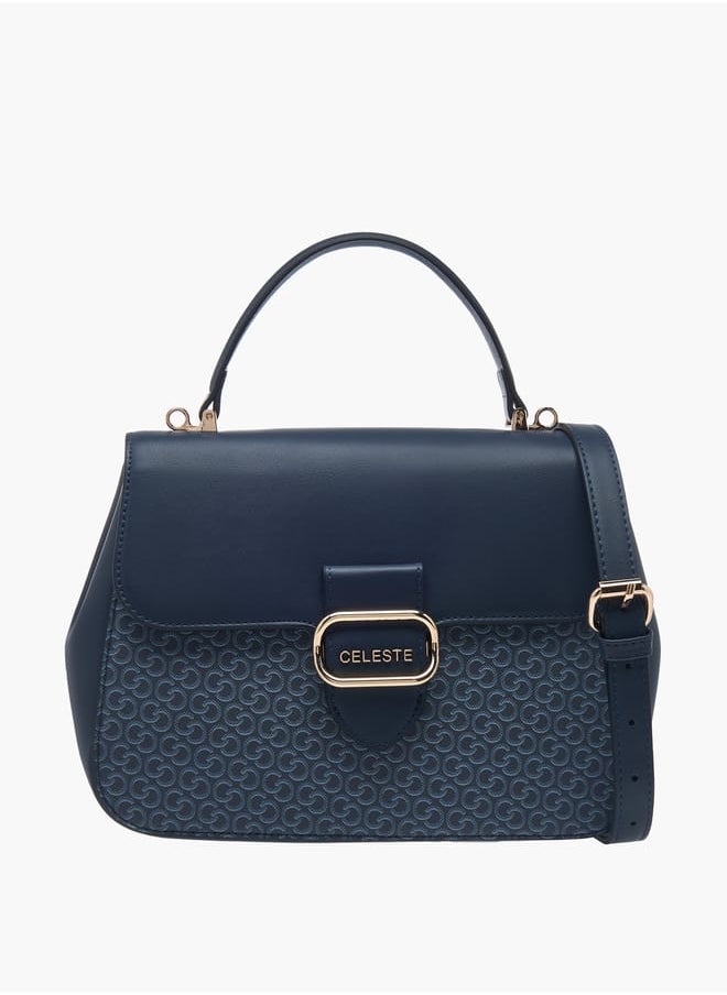 Women Monogram Print Satchel Bag with Grab Handle and Button Closure