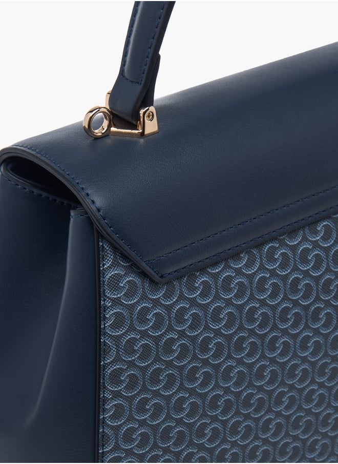 Women Monogram Print Satchel Bag with Grab Handle and Button Closure