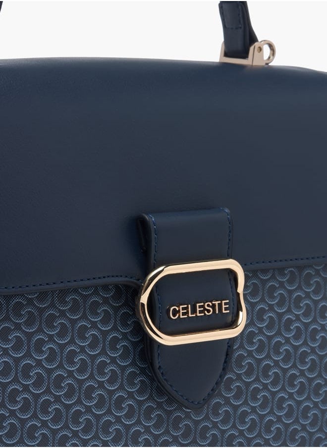 Women Monogram Print Satchel Bag with Grab Handle and Button Closure
