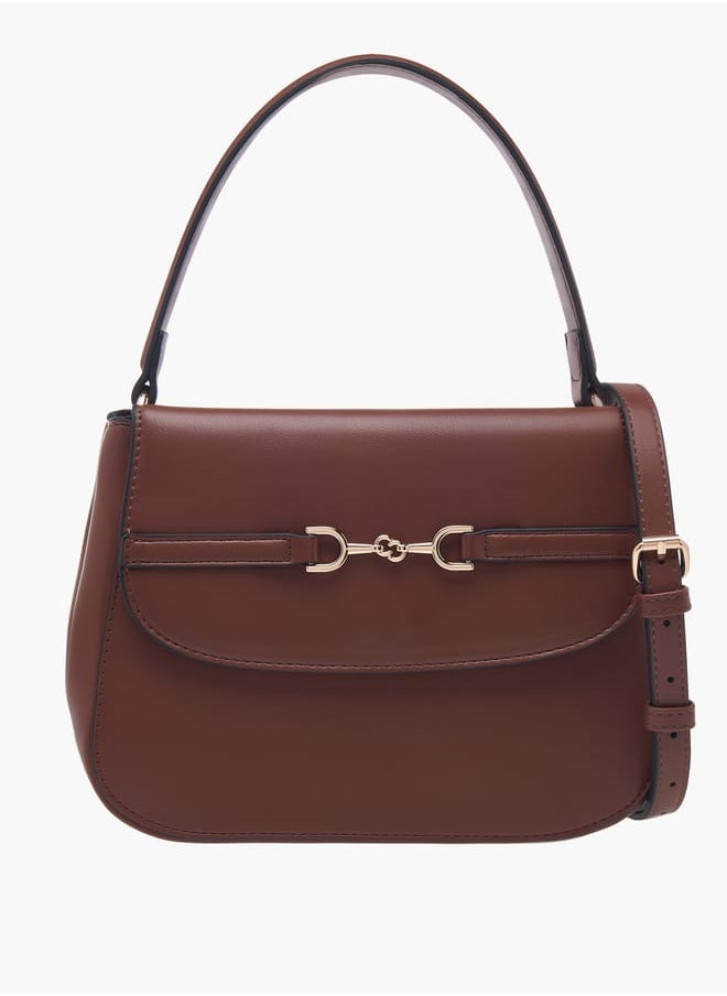 Women Solid Satchel Bag with Adjustable Strap and Button Closure