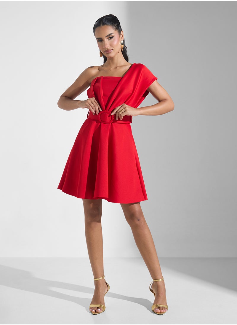 Belted One-Shoulder Dress