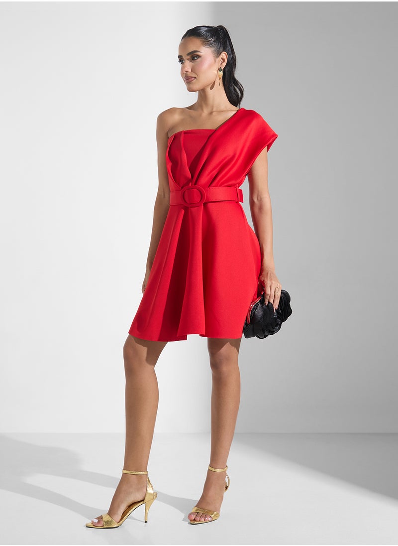Belted One-Shoulder Dress