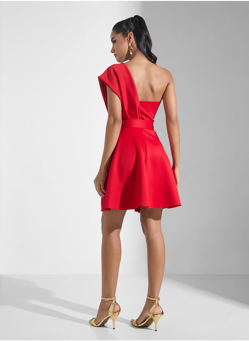 Belted One-Shoulder Dress