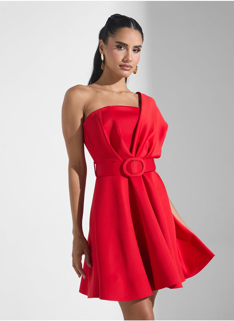 Belted One-Shoulder Dress