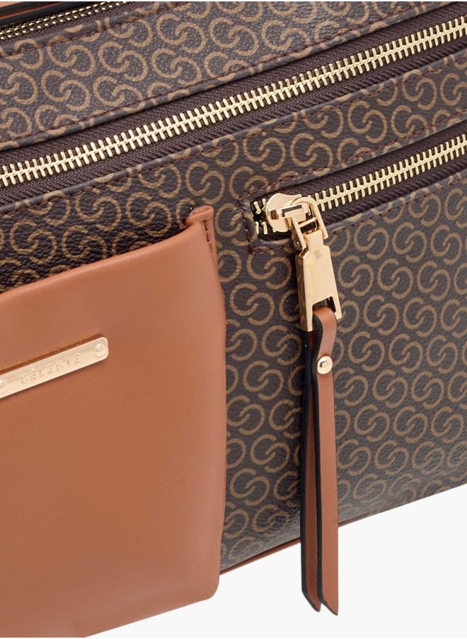 Women Monogram Print Crossbody Bag with Adjustable Strap and Zip Closure